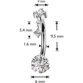Titanium Belly Button Piercing zirconia prong settiing diamond shape dangle Push-In