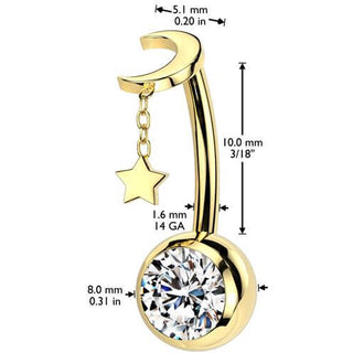 Titanium Belly Button Piercing star moon dangle zirconia Push-In