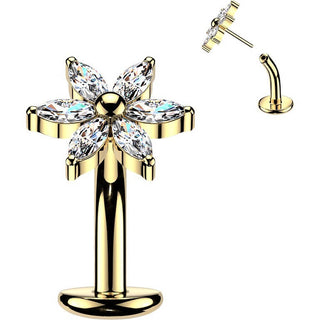 Titanium Belly Button Piercing flower 6 marquise zirconia petals Push-In