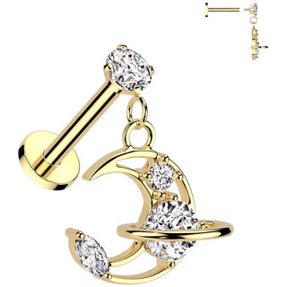 Labret saturn moon zirconia dangle Internally Threaded