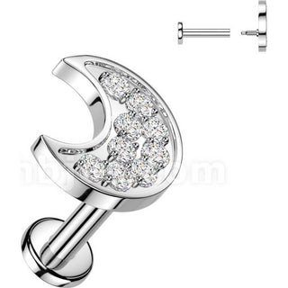 Labret pave cubic zirconia crescent moon Internally Threaded