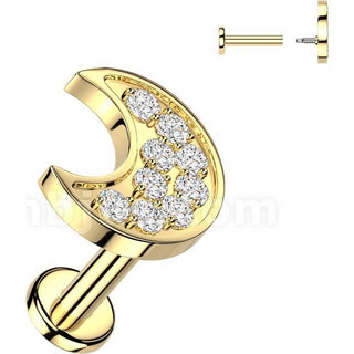 Labret pave cubic zirconia crescent moon Internally Threaded