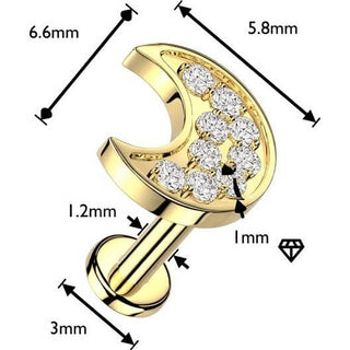 Labret pave cubic zirconia crescent moon Internally Threaded