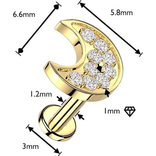 Labret pave cubic zirconia crescent moon Internally Threaded