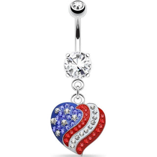 Belly Button Piercing Heart Amarican Flag dangle Zirconia Silver