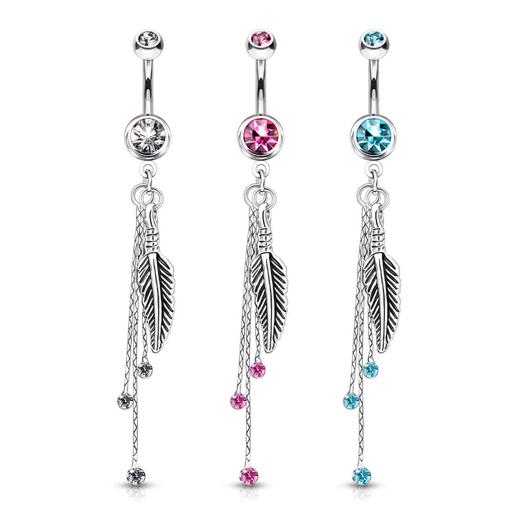 Belly Button Piercing Feather dangle Zirconia Silver