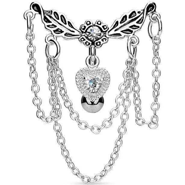 Belly Button Piercing Top Down Leaves Chains Zirconia Silver