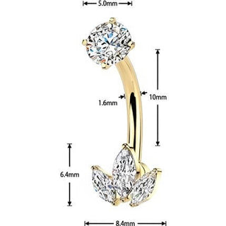 Belly Button Piercing prong set 3 marquise cubic zirconias Internally Threaded