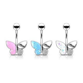Belly Button Piercing Butterfly Zirconia Opal Silver
