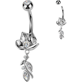 Belly Button Piercing lotus flower and cubic zirconia vine dangle