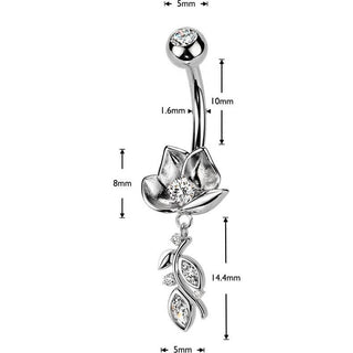 Belly Button Piercing lotus flower and cubic zirconia vine dangle