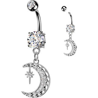 Belly Button Piercing zirconia crescent moon star dangle