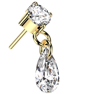 Solid Gold 14 Carat top teardrop dangle zirconia Push-In