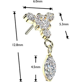 Titanium top round zirconia with 3 small zirconias and marquise dangle Push-In