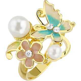 Finger Ring Flower Butterfly Beads Adjustable Gold