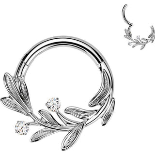 Titanium Ring olive leaf cubic zirconia Clicker