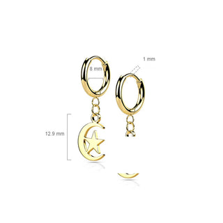 Earring 316L Hinged Hoop Earring Moon and Star Dangle 1 Pair Clicker