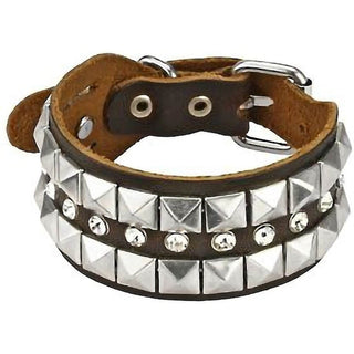 Bracelet Brown Leather Bracelet Multi Row Pyramid Cubic Zirconia Studs