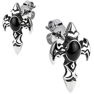 Stud Earring 316L Stud Earring Winged Cross Onyx Stone 1 Pair