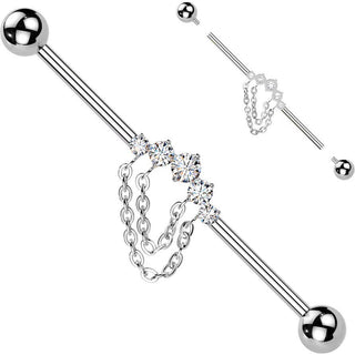 Titanium Industrial Barbell 5 cubic zirconia double chain Internally Threaded