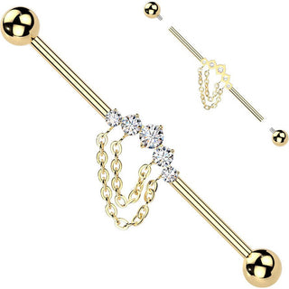 Titanium Industrial Barbell 5 cubic zirconia double chain Internally Threaded