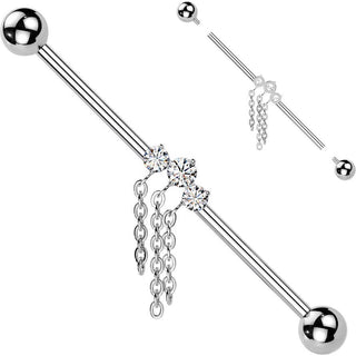 Titanium Industrial Barbell 3 cubic zirconia triple chain dangle Internally Threaded