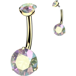 Titanium Belly Button Piercing gold prong set double cubic zirconia Internally Threaded