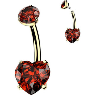 Titanium Belly Button Piercing gold pvd prong set heart cubic zirconia Internally Threaded