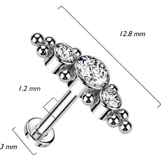 Titanium Labret 3 Zirconia Flat Silver Internally Threaded