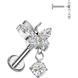Titanium Labret butterfly dangle zirconia Internally Threaded