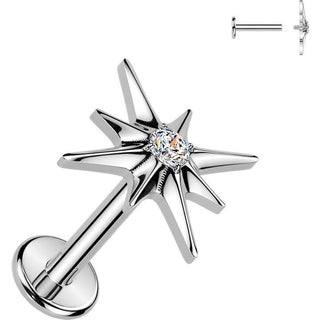 Titanium Labret cubic zirconia centered starburst Internally Threaded