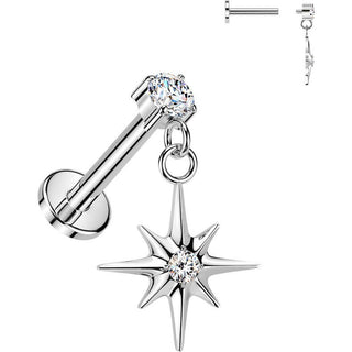 Titanium Labret prong set cubic zirconia starburst dangle Internally Threaded