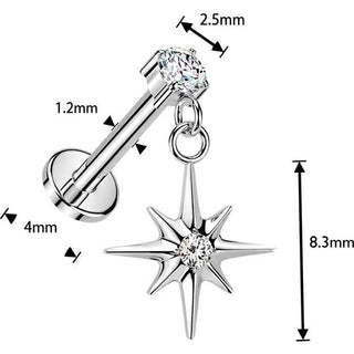 Titanium Labret prong set cubic zirconia starburst dangle Internally Threaded