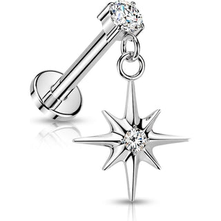 Titanium Labret prong set cubic zirconia starburst dangle Internally Threaded