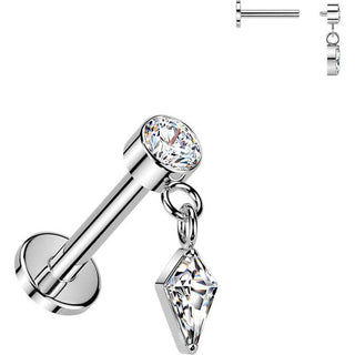 Titanium Labret bezel set cubic zirconia kite dangle Internally Threaded