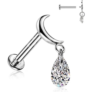 Titanium Labret moon teardrop cubic zirconia dangle Internally Threaded