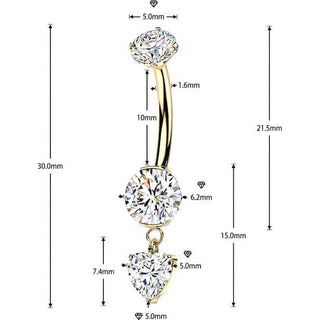 Titanium Belly Button Piercing prong set cubic zirconia heart dangle Internally Threaded