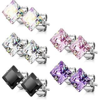 Stud Earring Square Zirconia 5 pair, 5 s pairs