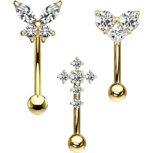 Curved Barbell Mix Butterfly Heart Cross Zirconia , 3 pieces