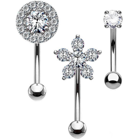 Curved Barbell Mix Flower Round Zirconia , 3 pieces