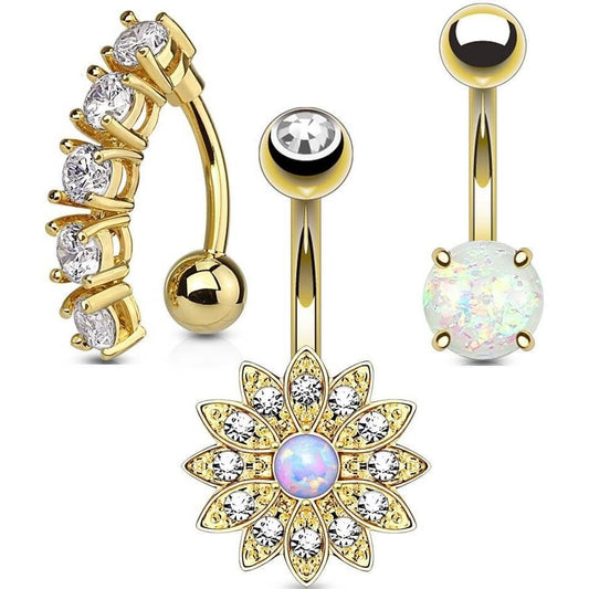 Belly Button Piercing Mix Zirconia Opal Gold , 3 pieces
