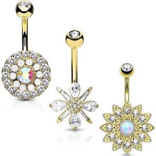 Belly Button Piercing Flowers Zirconia Opal Gold, 3  pieces