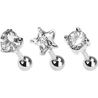 Barbell Heart Round Star Zirconia Silver, 3  pieces