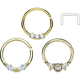 Septum Piercing Set Retainer Ring Zirconia Gold Bendable, 3  pieces