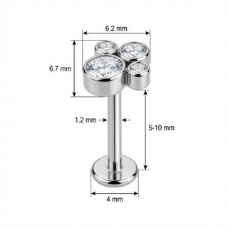 Titanium Labret Crystal Paw Print Cluster Internally Threaded
