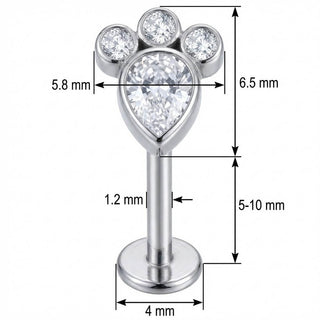 Titanium Labret Sparkling Crystal Paw Print Internally Threaded