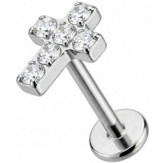 Titanium Labret Paved Crystal Cross Design