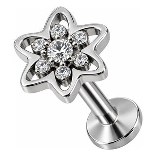 Titanium Labret Cutout Flower With Crystal Center Internally Threaded