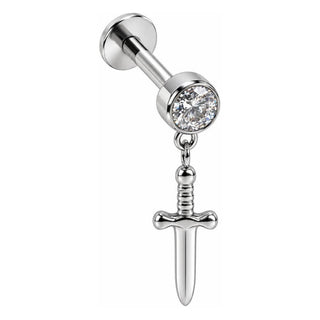 Titanium Labret Dangling Dagger With Clear Crystal Internally Threaded