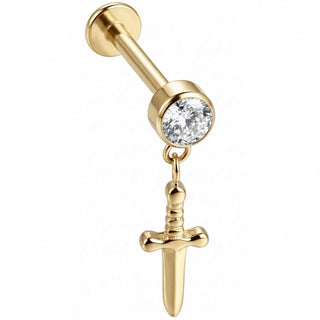 Titanium Labret Dangling Dagger With Clear Crystal